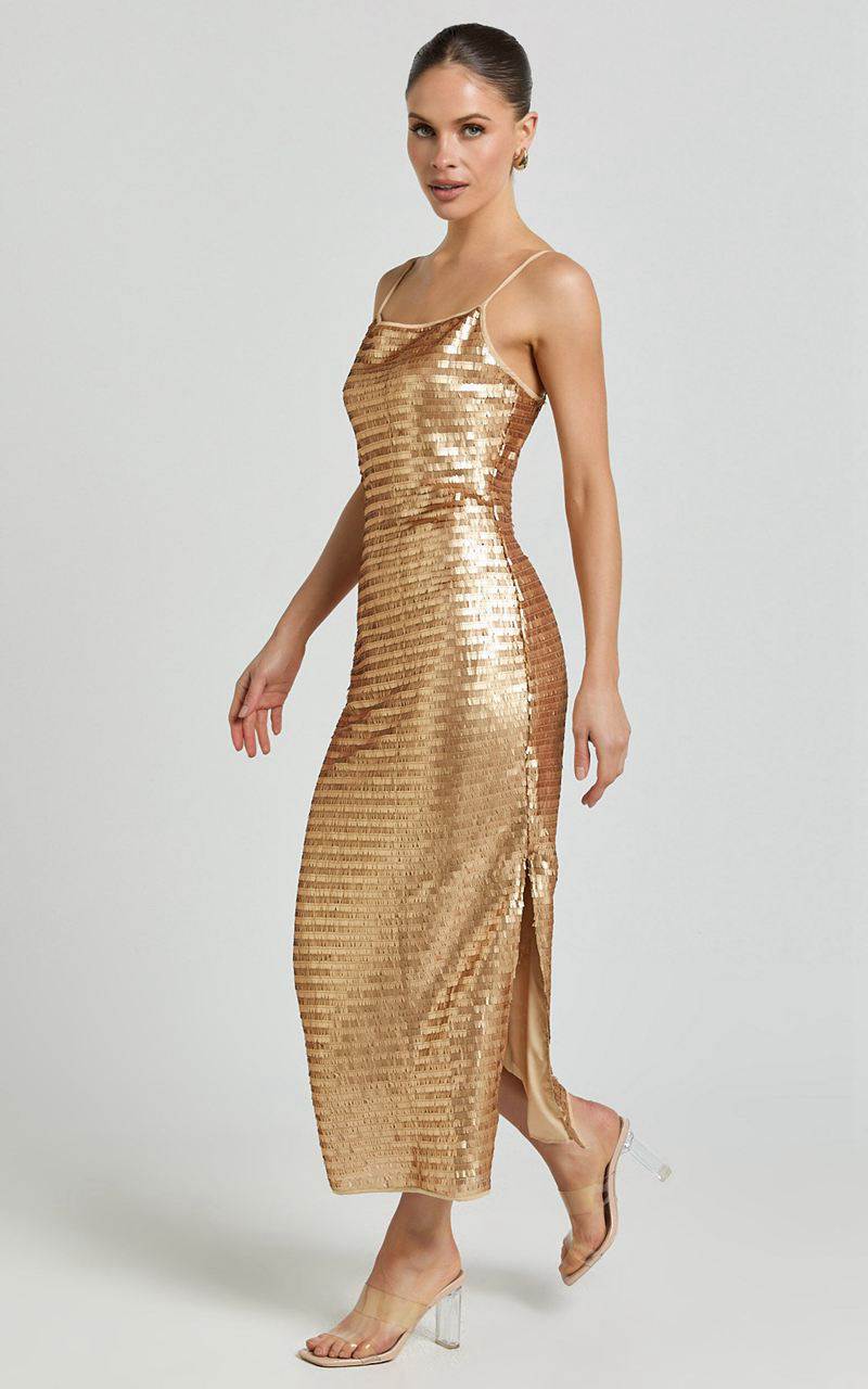 Showpo Niquita Midi Dress - Square Sequin Column Dress Gold | AYVJQF095