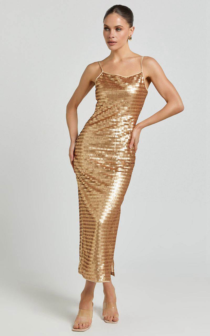 Showpo Niquita Midi Dress - Square Sequin Column Dress Gold | AYVJQF095