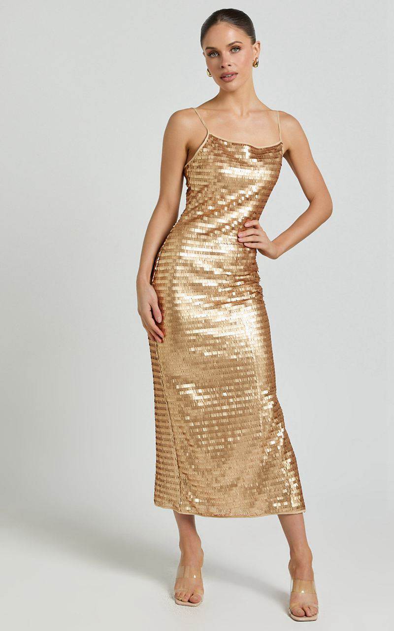 Showpo Niquita Midi Dress - Square Sequin Column Dress Gold | AYVJQF095