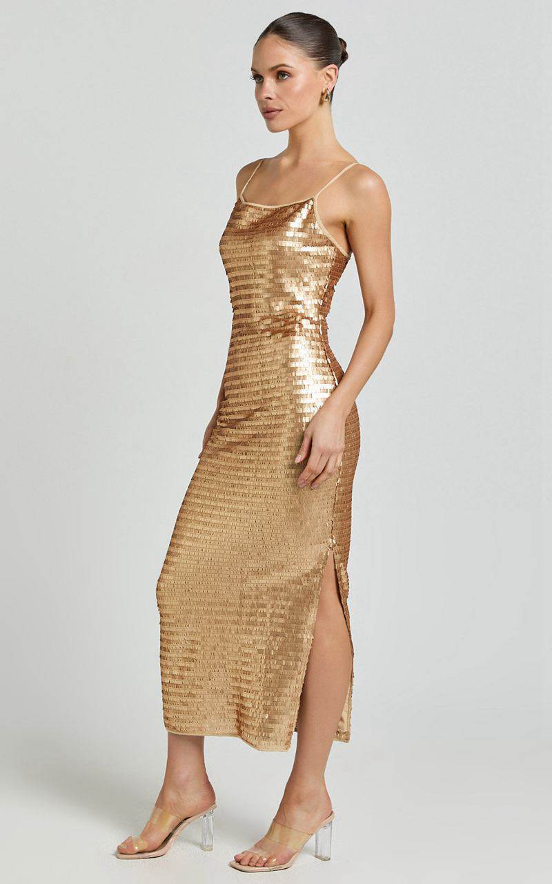 Showpo Niquita Midi Dress - Square Sequin Column Dress Gold | AYVJQF095