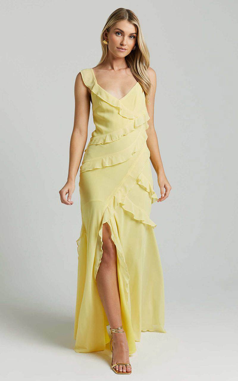 Showpo Nitha Maxi Dress - Asymmetrical Frill Thigh Split Dress Lemon | ARTOBM087