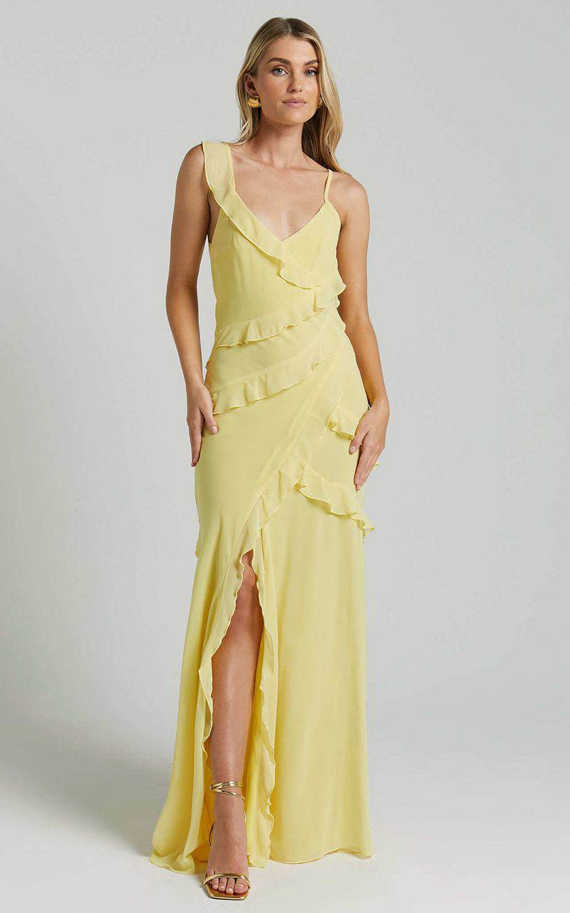 Showpo Nitha Maxi Dress - Asymmetrical Frill Thigh Split Dress Lemon | ARTOBM087