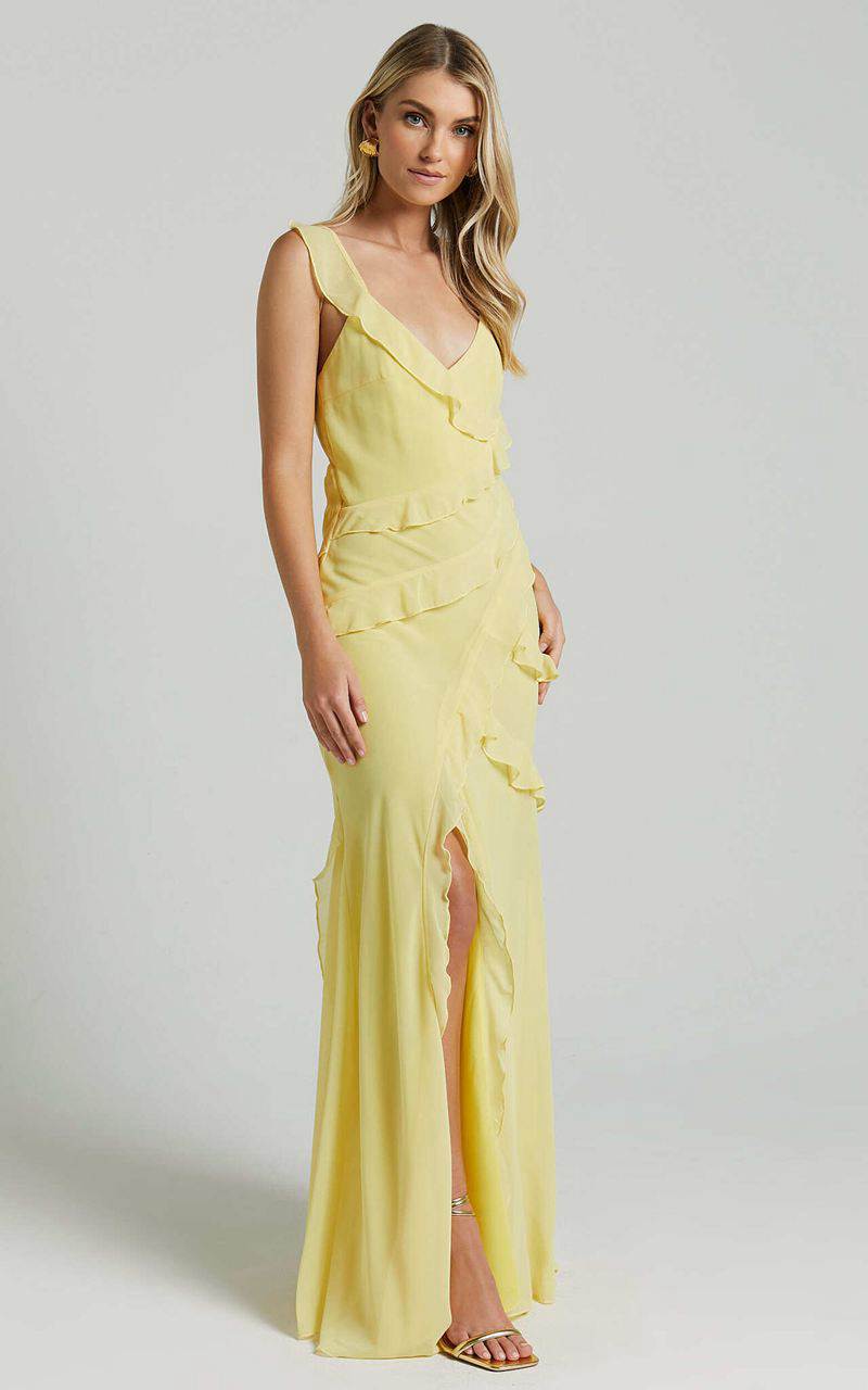 Showpo Nitha Maxi Dress - Asymmetrical Frill Thigh Split Dress Lemon | ARTOBM087