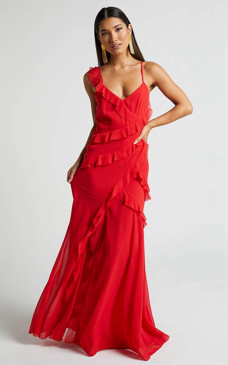 Showpo Nitha Maxi Dress - Asymmetrical Frill Thigh Split Dress Red | NTPICX130