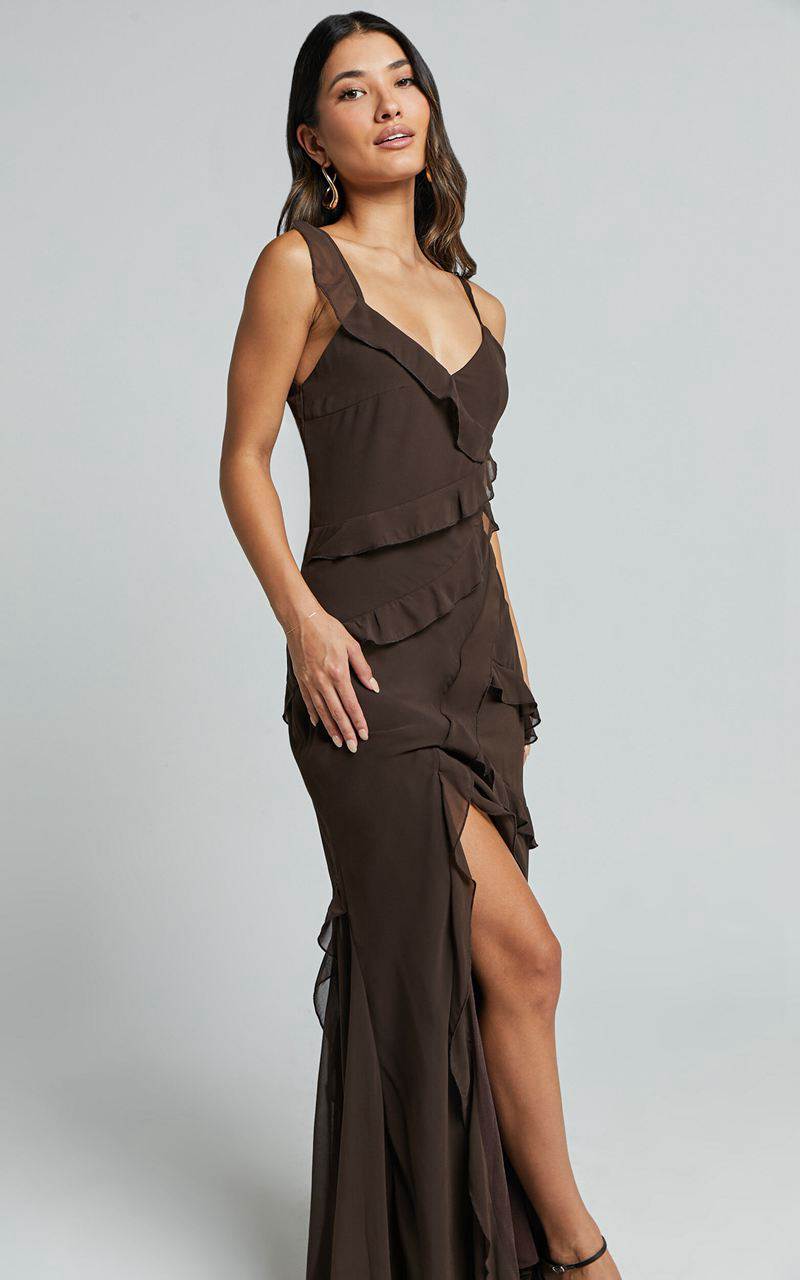 Showpo Nitha Maxi Dress - Asymmetrical Frill Thigh Split Dress Chocolate | ZNIPLW246