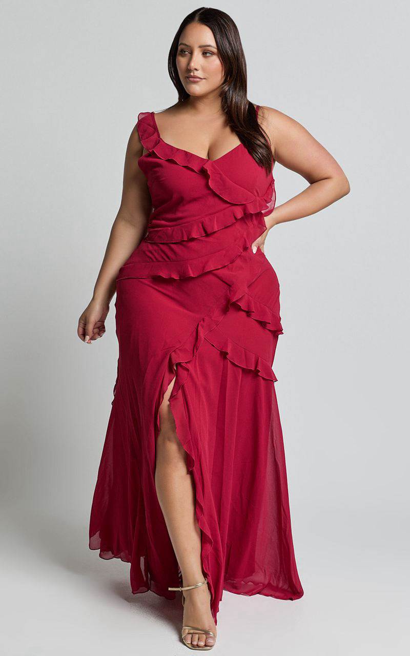 Showpo Nitha Maxi Dress - Asymmetrical Frill Thigh Split Dress Berry | ZDYPQW102