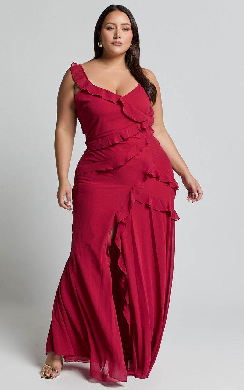 Showpo Nitha Maxi Dress - Asymmetrical Frill Thigh Split Dress Berry | ZDYPQW102