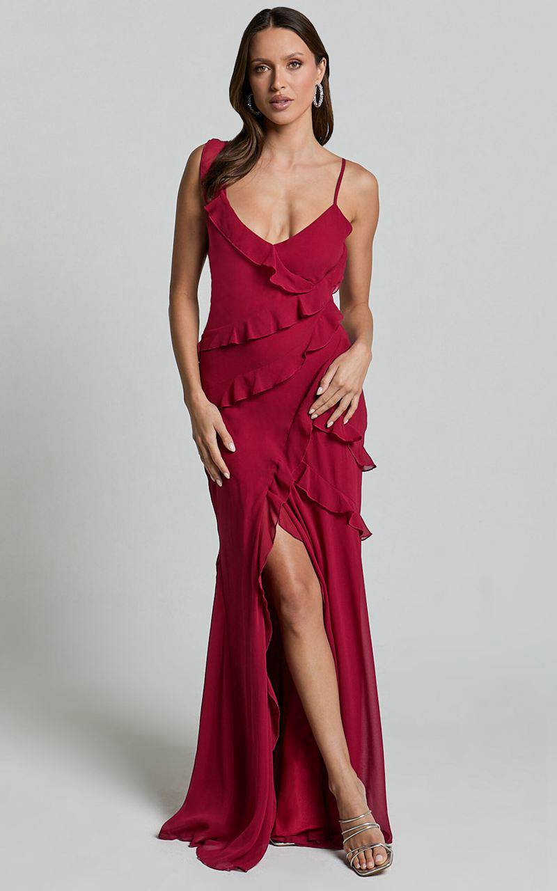 Showpo Nitha Maxi Dress - Asymmetrical Frill Thigh Split Dress Berry | ZDYPQW102