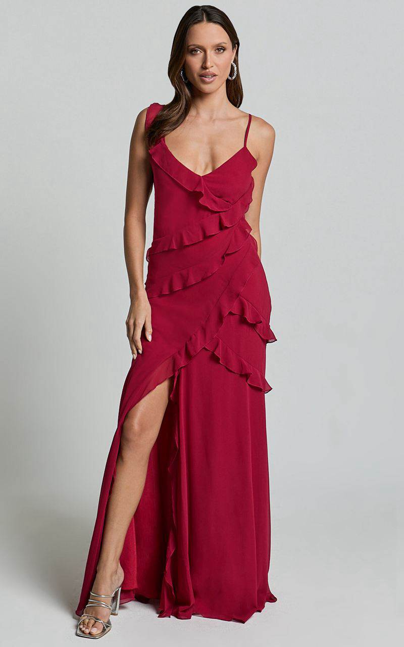 Showpo Nitha Maxi Dress - Asymmetrical Frill Thigh Split Dress Berry | ZDYPQW102