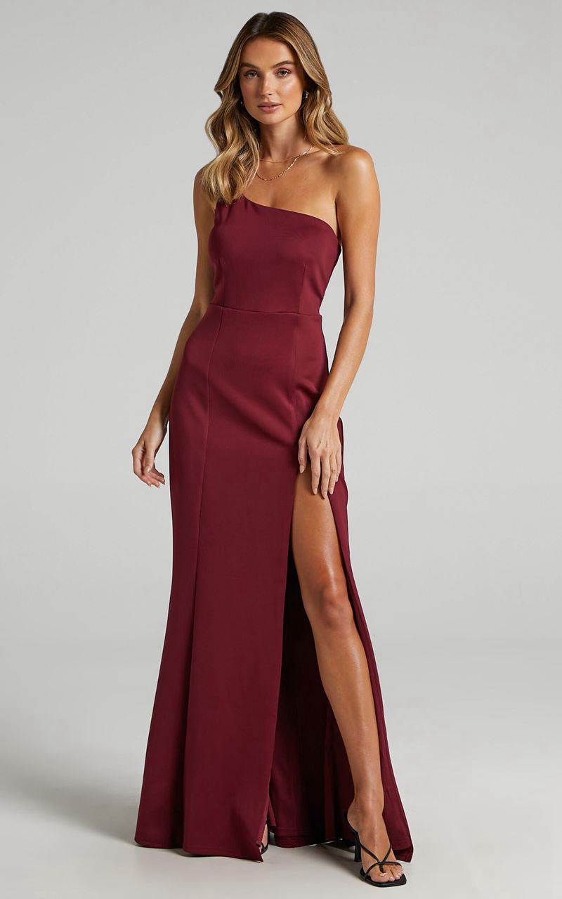 Showpo No Ones Fault Midi Dress - One Shoulder Thigh Split Dress Wine | PYEBWX087