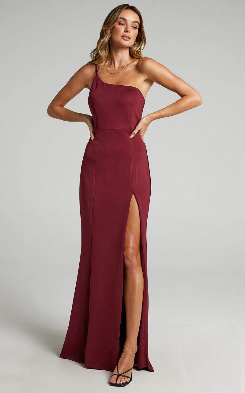 Showpo No Ones Fault Midi Dress - One Shoulder Thigh Split Dress Wine | PYEBWX087