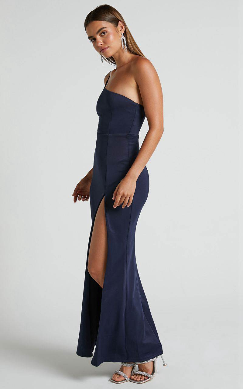 Showpo No Ones Fault Midi Dress - One Shoulder Thigh Split Dress Navy | PHZOIC096