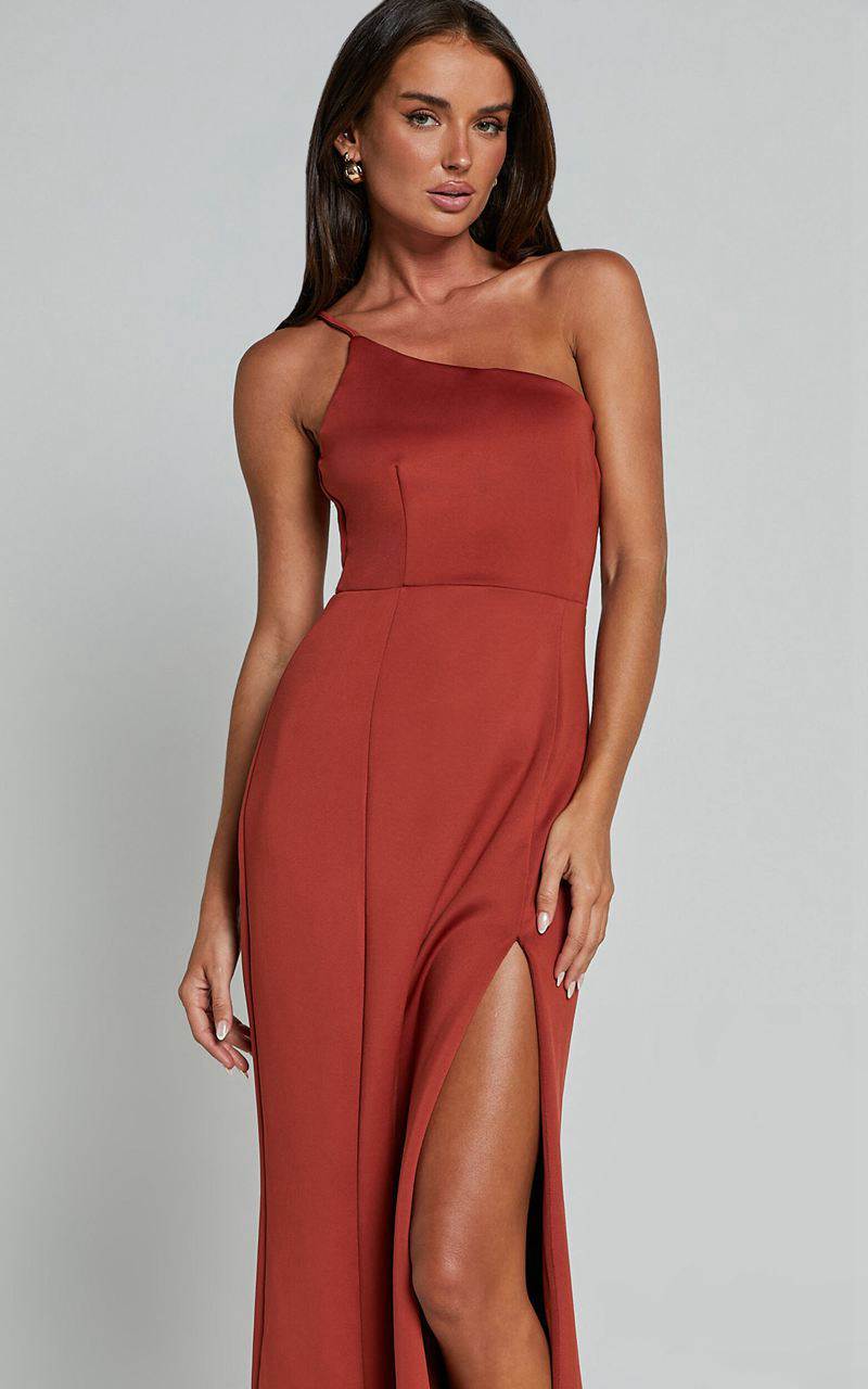 Showpo No Ones Fault Midi Dress - One Shoulder Thigh Split Dress Rust | FLPCNG258