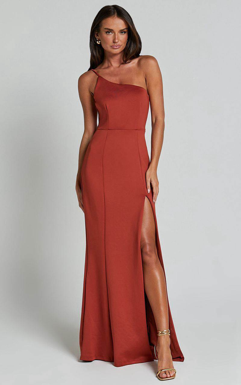 Showpo No Ones Fault Midi Dress - One Shoulder Thigh Split Dress Rust | FLPCNG258