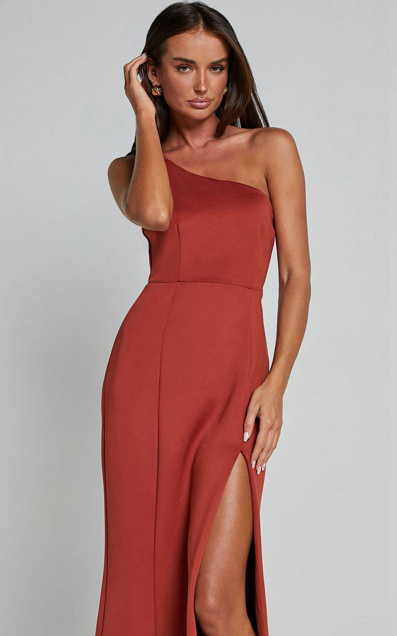 Showpo No Ones Fault Midi Dress - One Shoulder Thigh Split Dress Rust | FLPCNG258