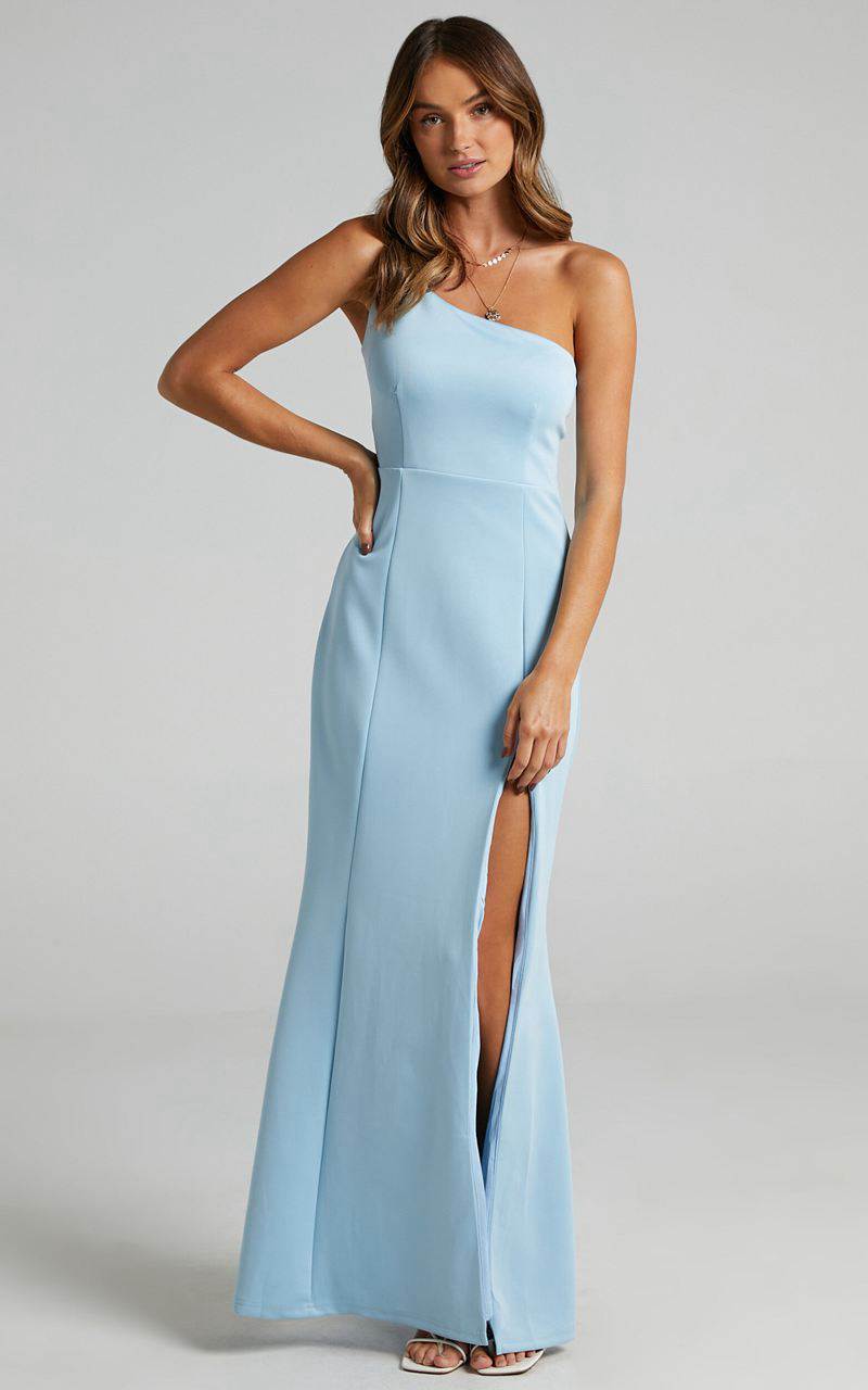 Showpo No Ones Fault Midi Dress - One Shoulder Thigh Split Dress Light Blue | BSHRUJ547