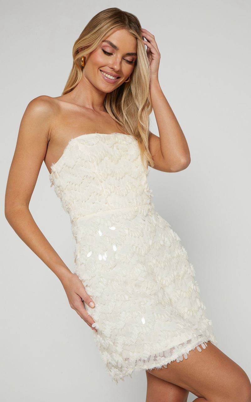 Showpo Nola Mini Dress - Strapless Sequin Dress Cream | GJLVSO267