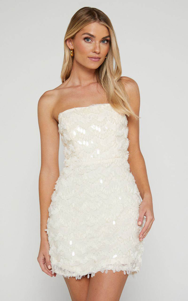 Showpo Nola Mini Dress - Strapless Sequin Dress Cream | GJLVSO267