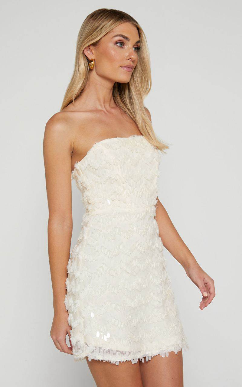 Showpo Nola Mini Dress - Strapless Sequin Dress Cream | GJLVSO267