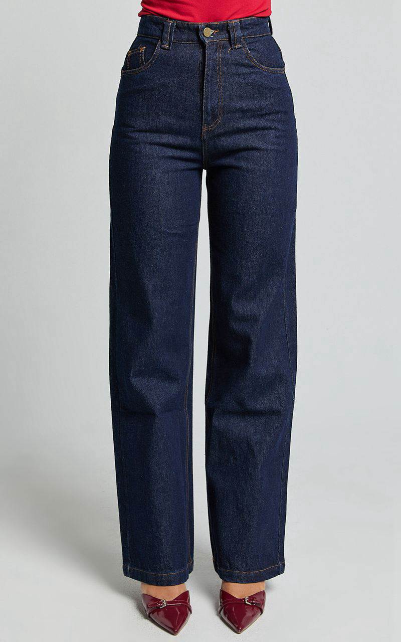 Showpo Nolan Jeans - High Rise Straight Leg Contrast Stitch Denim Jeans Indigo | JGIONX795