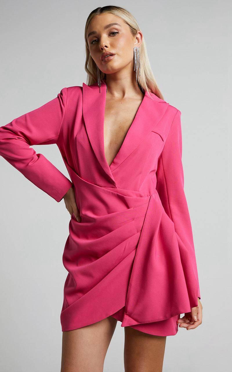 Showpo Noni Mini Dress - Blazer Wrap Dress Hot Pink | JPDHRB507