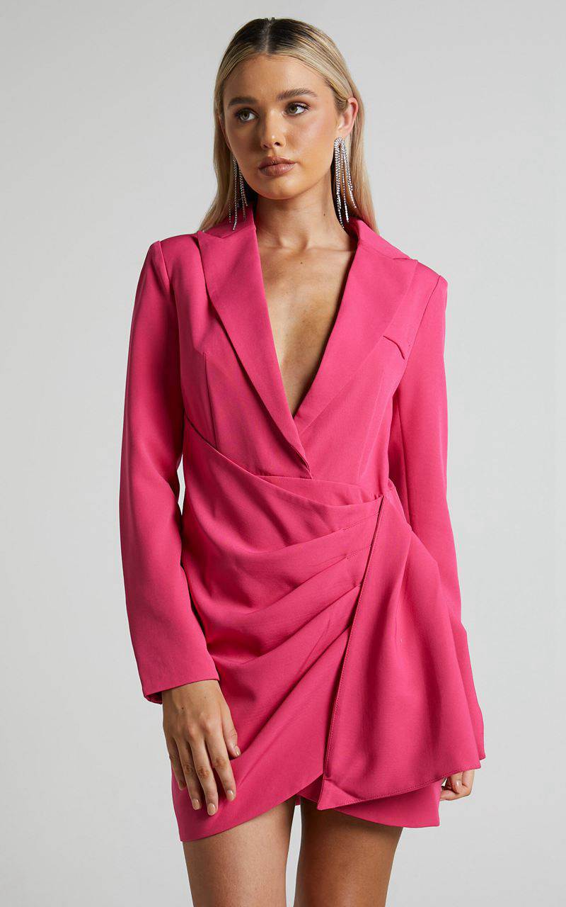 Showpo Noni Mini Dress - Blazer Wrap Dress Hot Pink | JPDHRB507