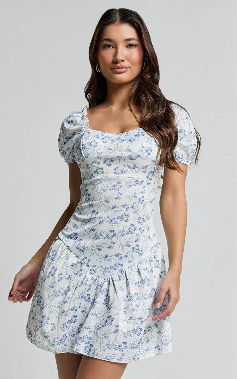 Showpo Norma Mini Dress - Sweetheart Short Puff Sleeve Fit And Flare Dress Floral Print | JWXOZF493