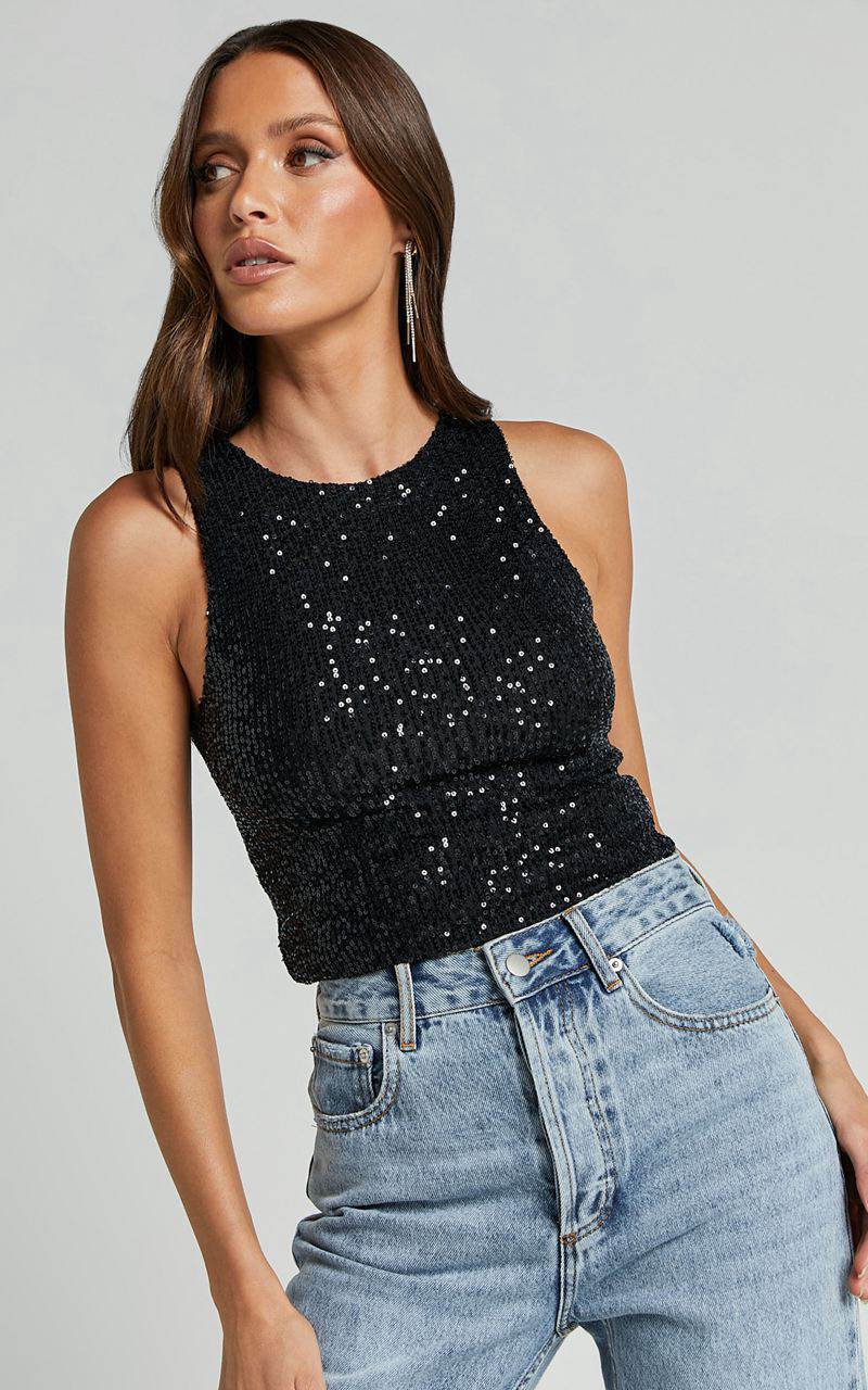 Showpo Nouvel Top - High Neck Sequin Tank Top Black | GRDVLN267