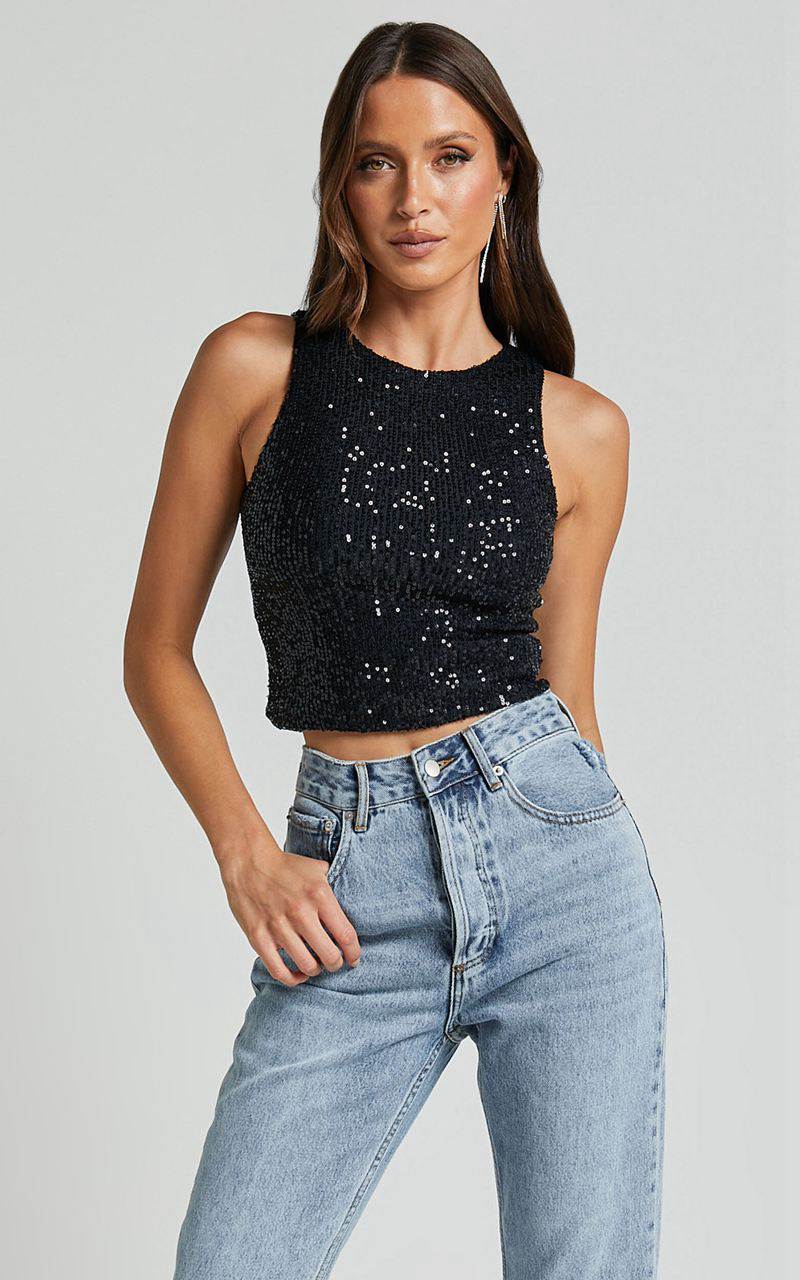 Showpo Nouvel Top - High Neck Sequin Tank Top Black | GRDVLN267