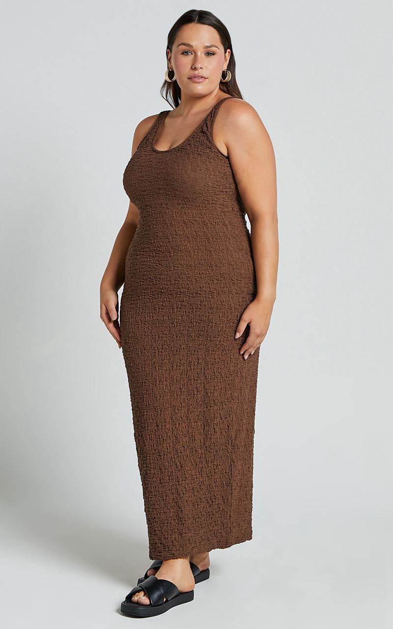 Showpo Novida Midi Dress - Textured Bodycon Dress Chocolate | LPRSEH304