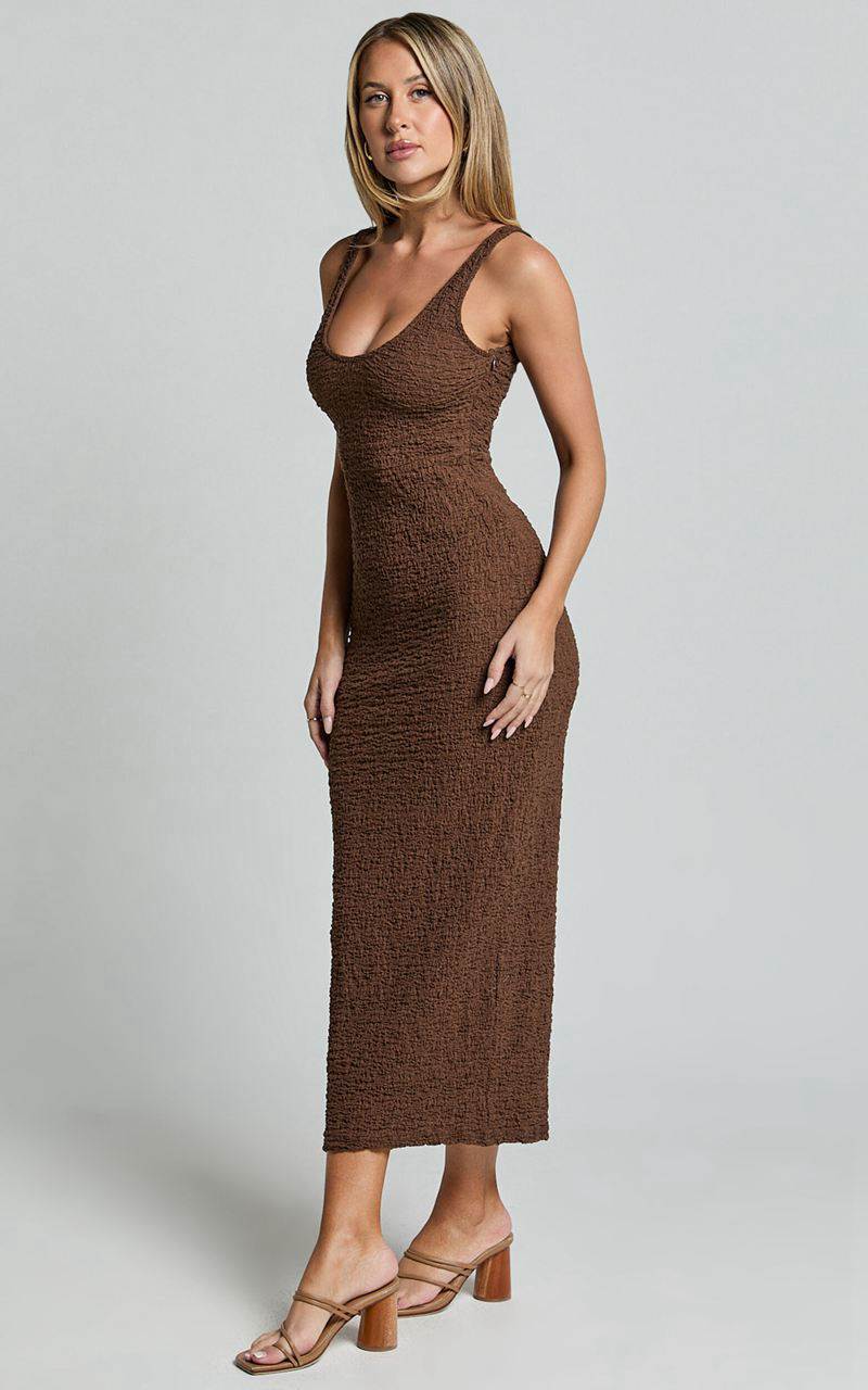 Showpo Novida Midi Dress - Textured Bodycon Dress Chocolate | LPRSEH304