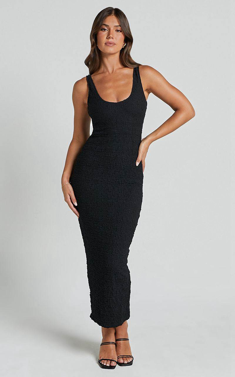 Showpo Novida Midi Dress - Textured Bodycon Dress Black | NAUVJH591