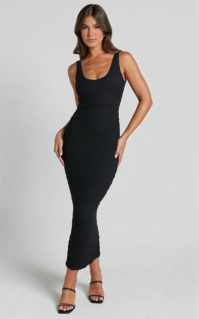 Showpo Novida Midi Dress - Textured Bodycon Dress Black | NAUVJH591