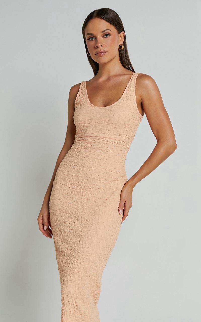 Showpo Novida Midi Dress - Textured Bodycon Dress Sherbet | QBNIOX072