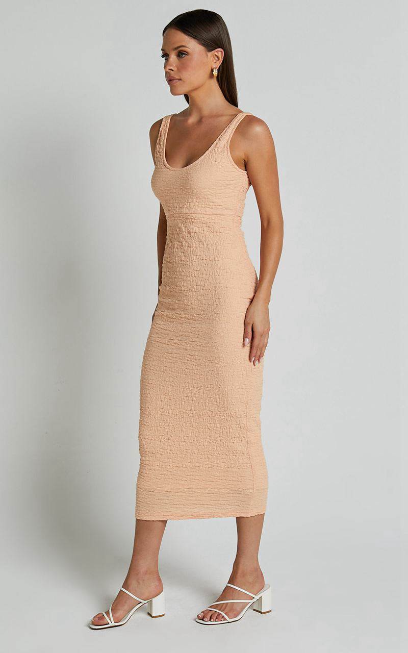 Showpo Novida Midi Dress - Textured Bodycon Dress Sherbet | QBNIOX072