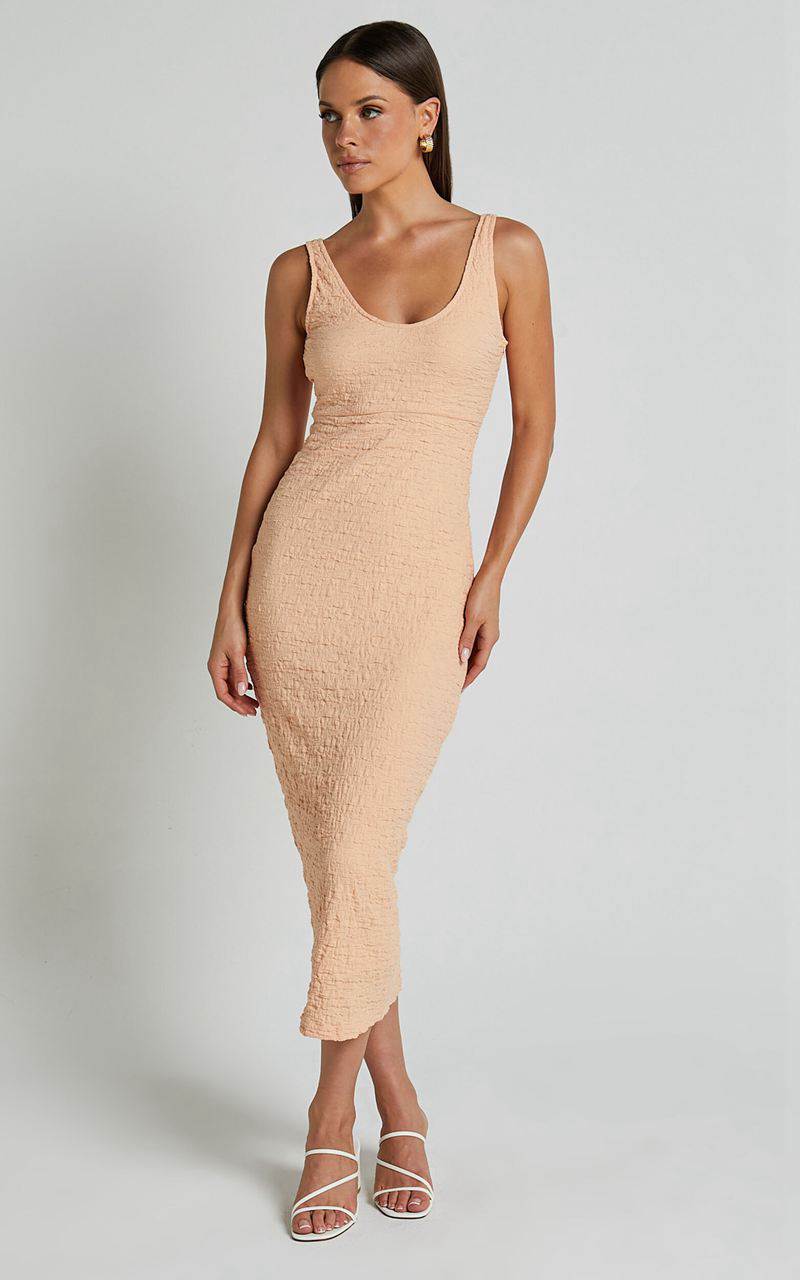 Showpo Novida Midi Dress - Textured Bodycon Dress Sherbet | QBNIOX072