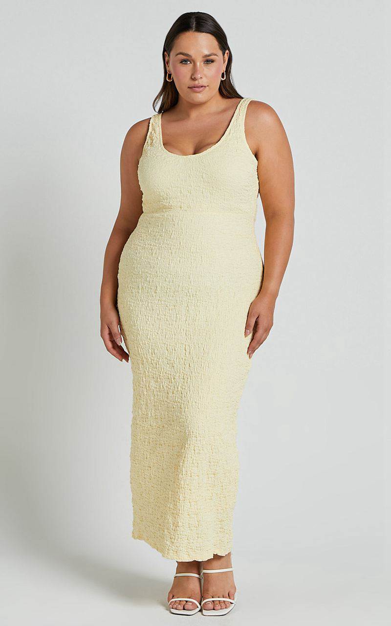 Showpo Novida Midi Dress - Textured Bodycon Dress Butter Yellow | EBKJNI324