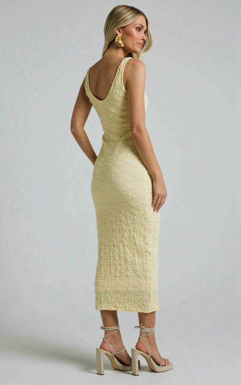 Showpo Novida Midi Dress - Textured Bodycon Dress Butter Yellow | EBKJNI324