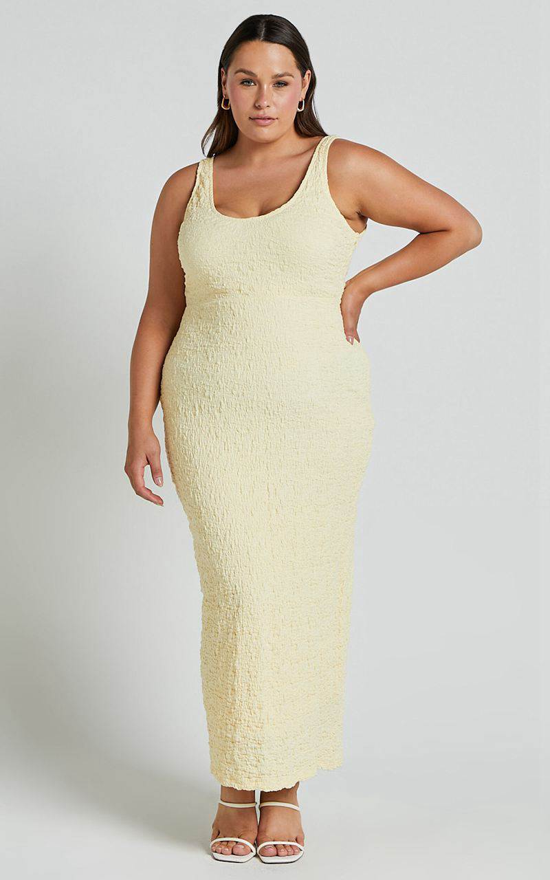 Showpo Novida Midi Dress - Textured Bodycon Dress Butter Yellow | EBKJNI324