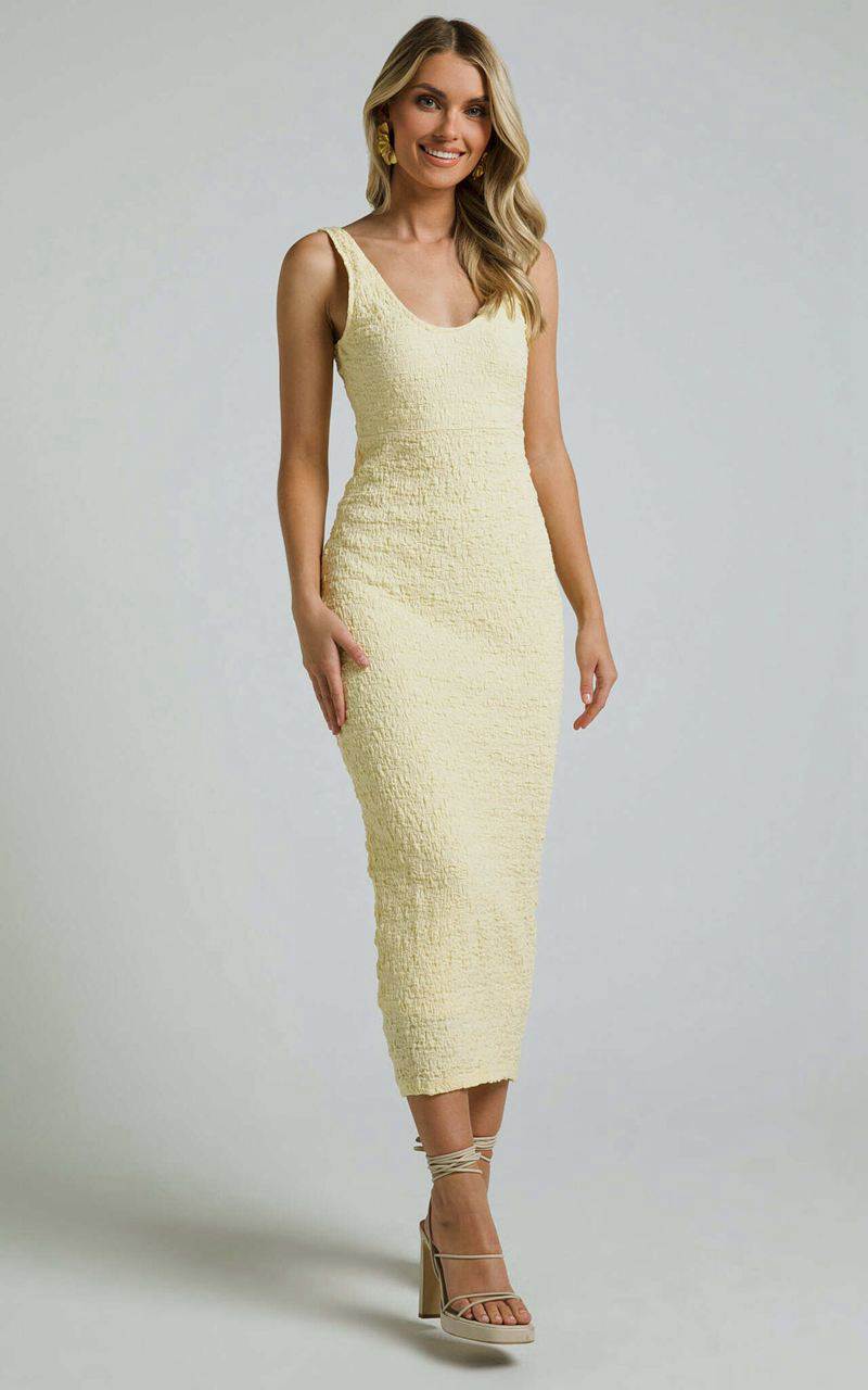 Showpo Novida Midi Dress - Textured Bodycon Dress Butter Yellow | EBKJNI324