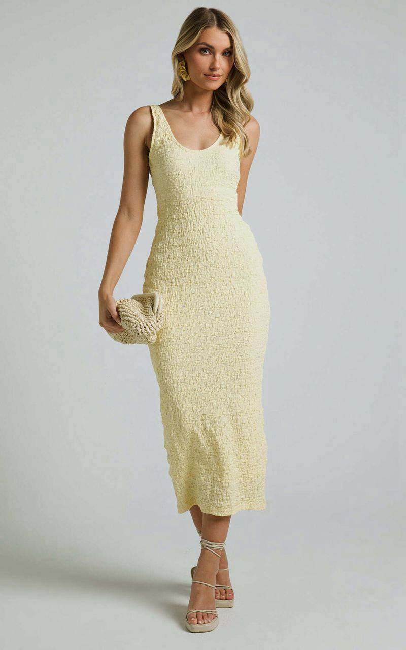 Showpo Novida Midi Dress - Textured Bodycon Dress Butter Yellow | EBKJNI324