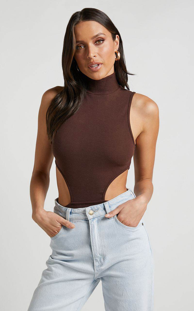 Showpo Nuala Bodysuit - High Neck Side Cut Out Bodysuit Chocolate | VPQWDR345