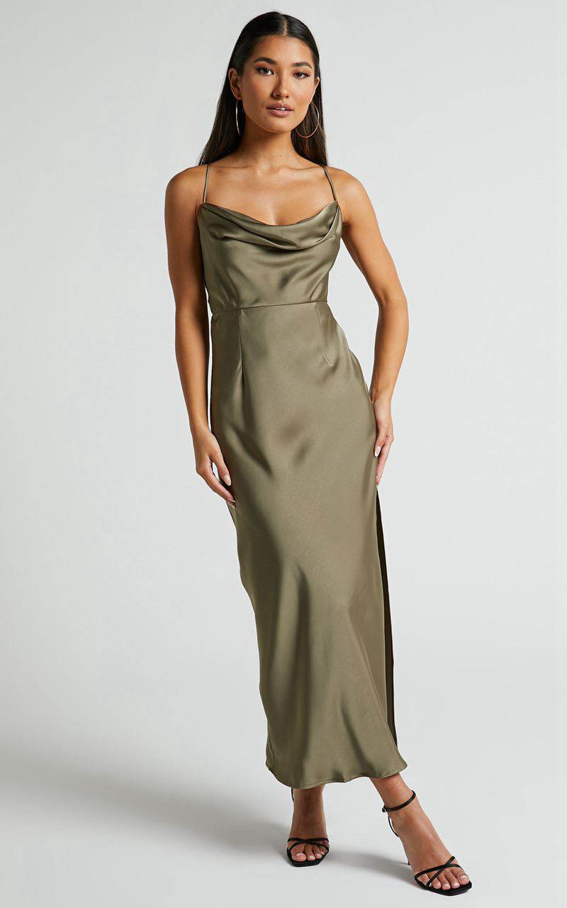 Showpo Nylah Cowl Neck Double Strap Satin Slip Midi Dress Dark Olive | WBXQVM249