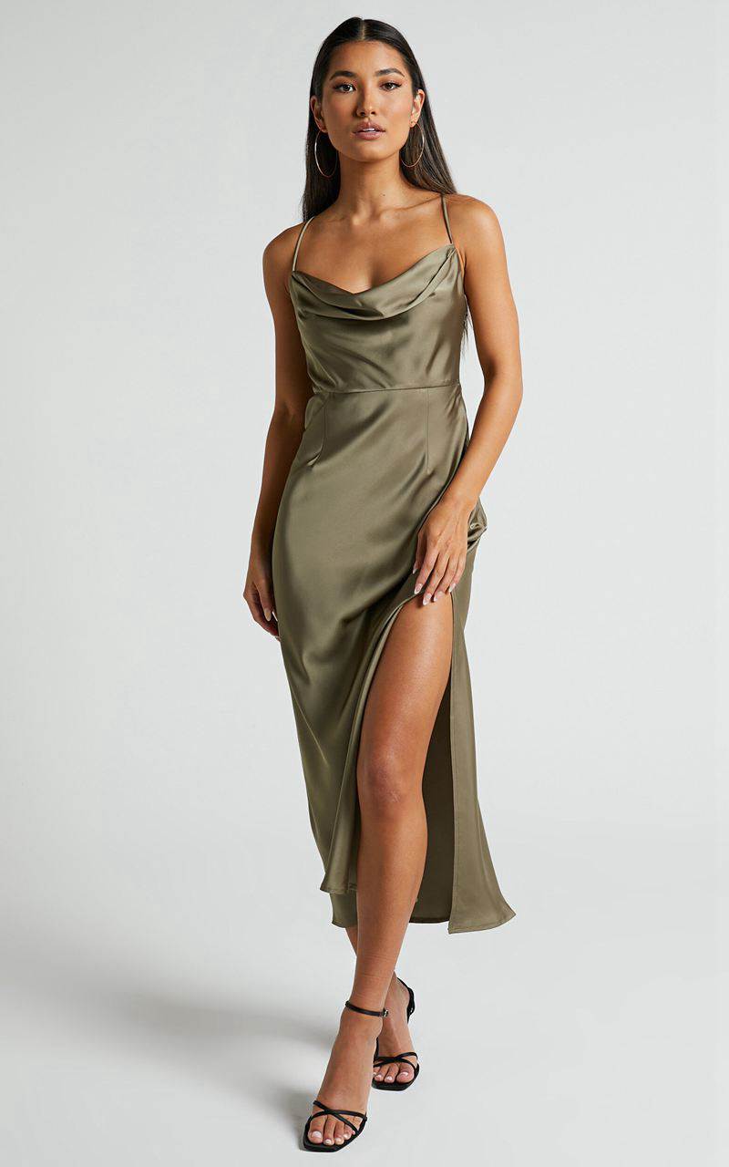 Showpo Nylah Cowl Neck Double Strap Satin Slip Midi Dress Dark Olive | WBXQVM249