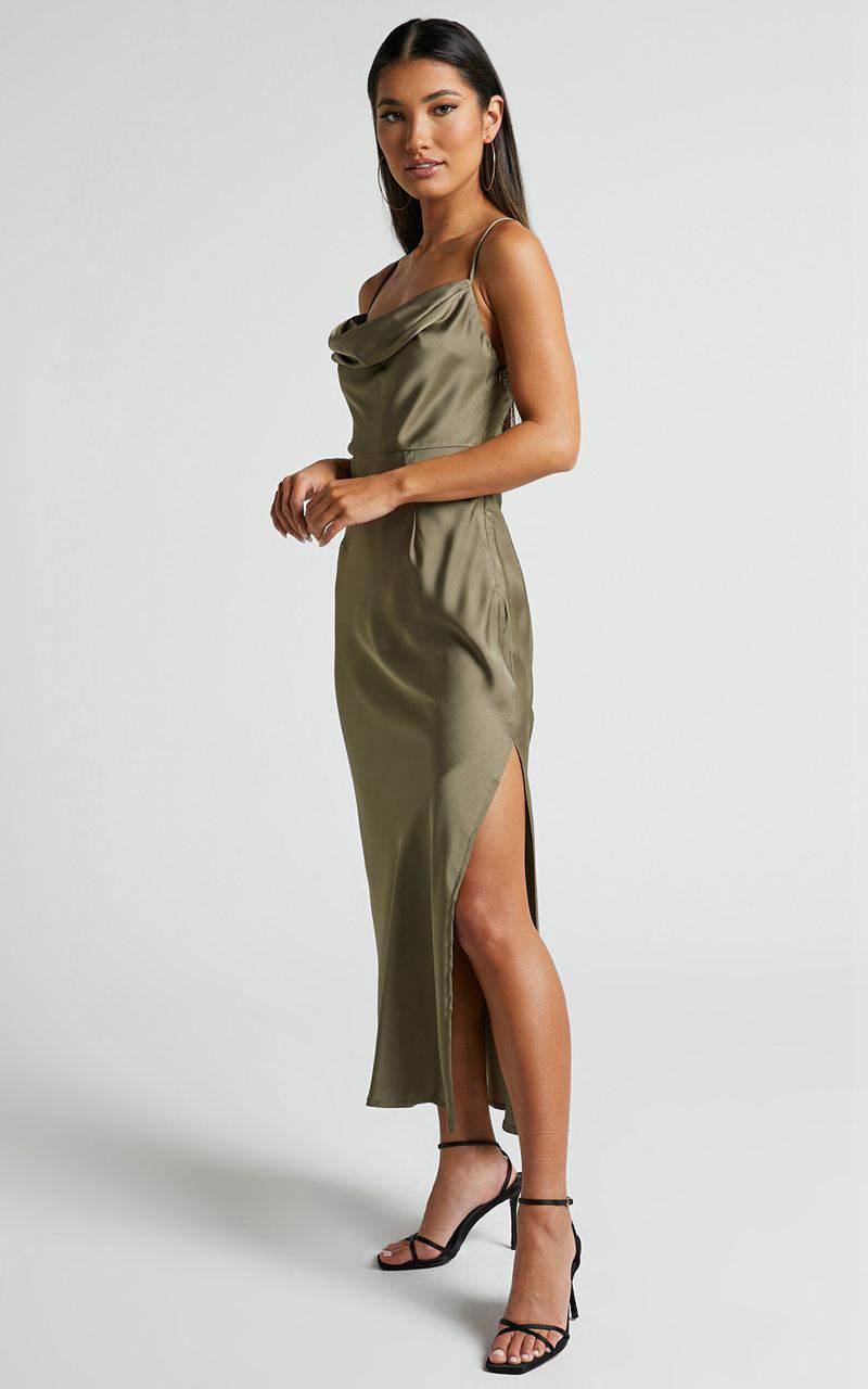 Showpo Nylah Cowl Neck Double Strap Satin Slip Midi Dress Dark Olive | WBXQVM249