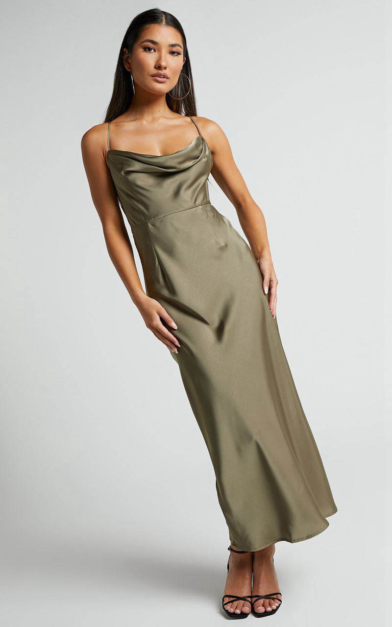 Showpo Nylah Cowl Neck Double Strap Satin Slip Midi Dress Dark Olive | WBXQVM249