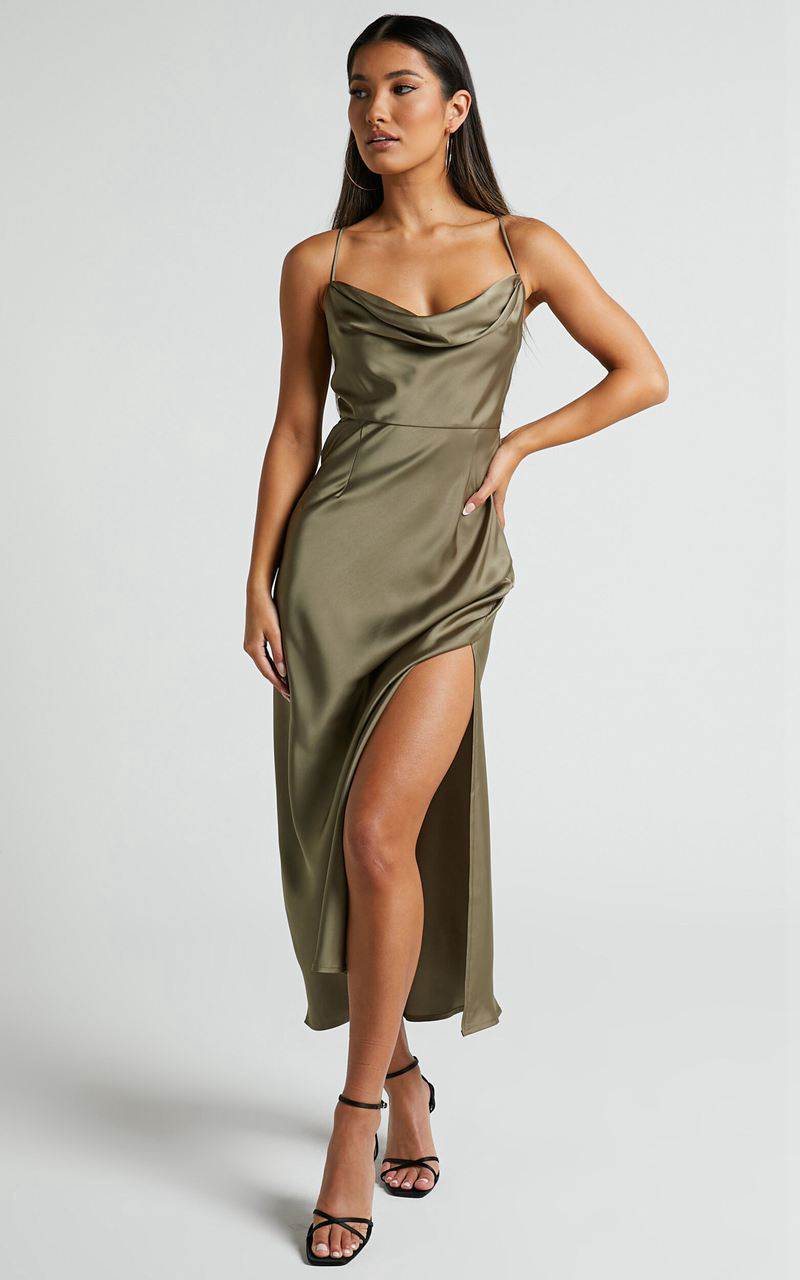 Showpo Nylah Cowl Neck Double Strap Satin Slip Midi Dress Dark Olive | WBXQVM249