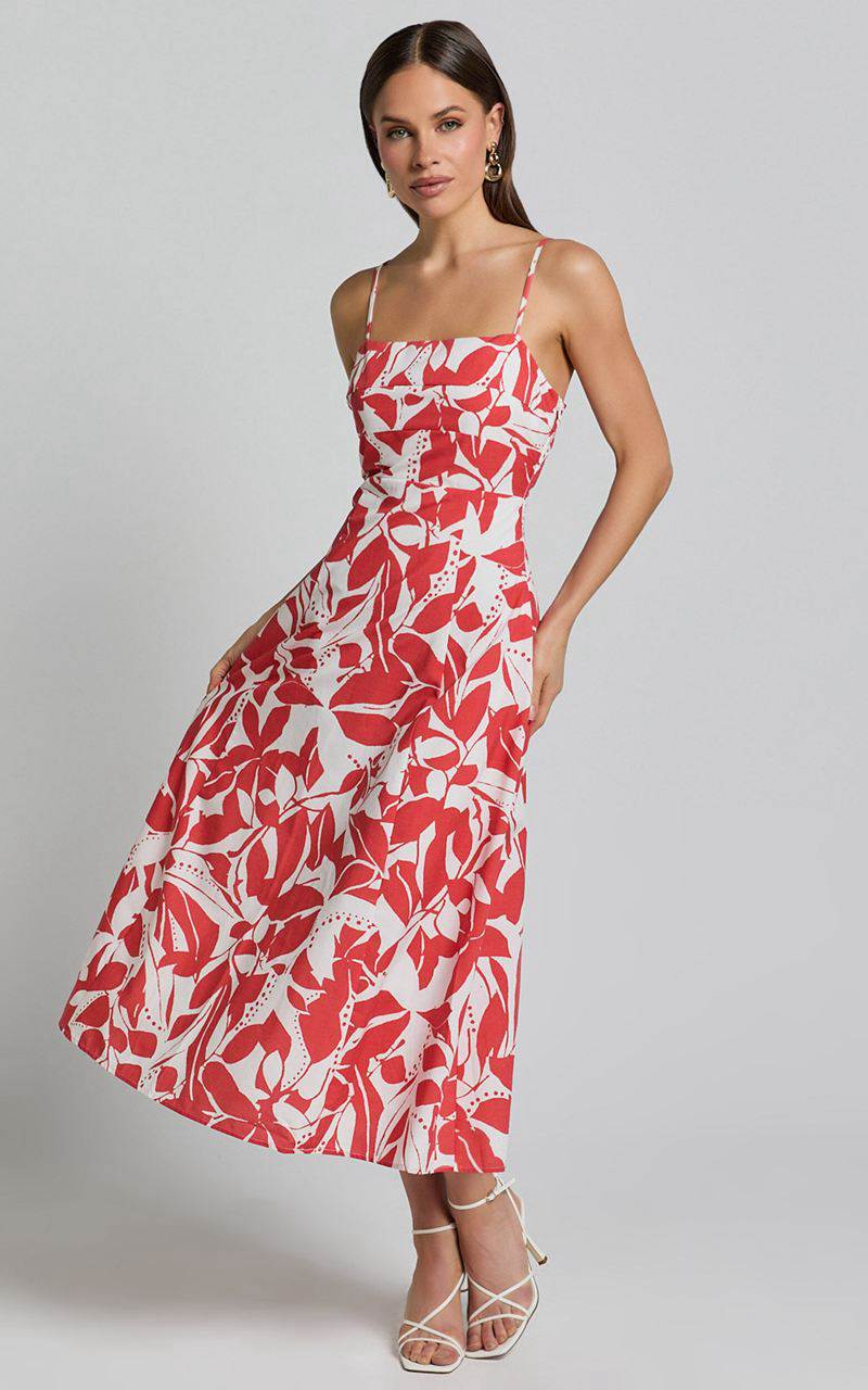 Showpo Nylia Midi Dress - Strappy Fit And Flare Dress Red Floral | ZRALVK712