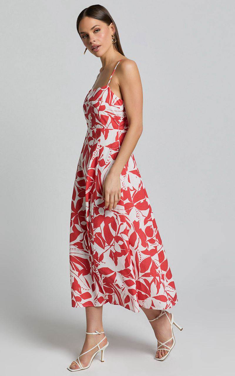 Showpo Nylia Midi Dress - Strappy Fit And Flare Dress Red Floral | ZRALVK712