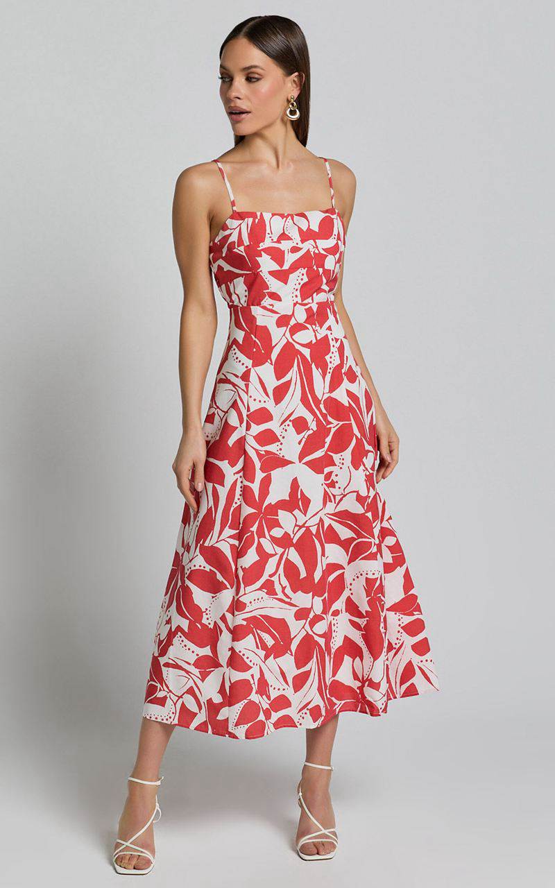 Showpo Nylia Midi Dress - Strappy Fit And Flare Dress Red Floral | ZRALVK712